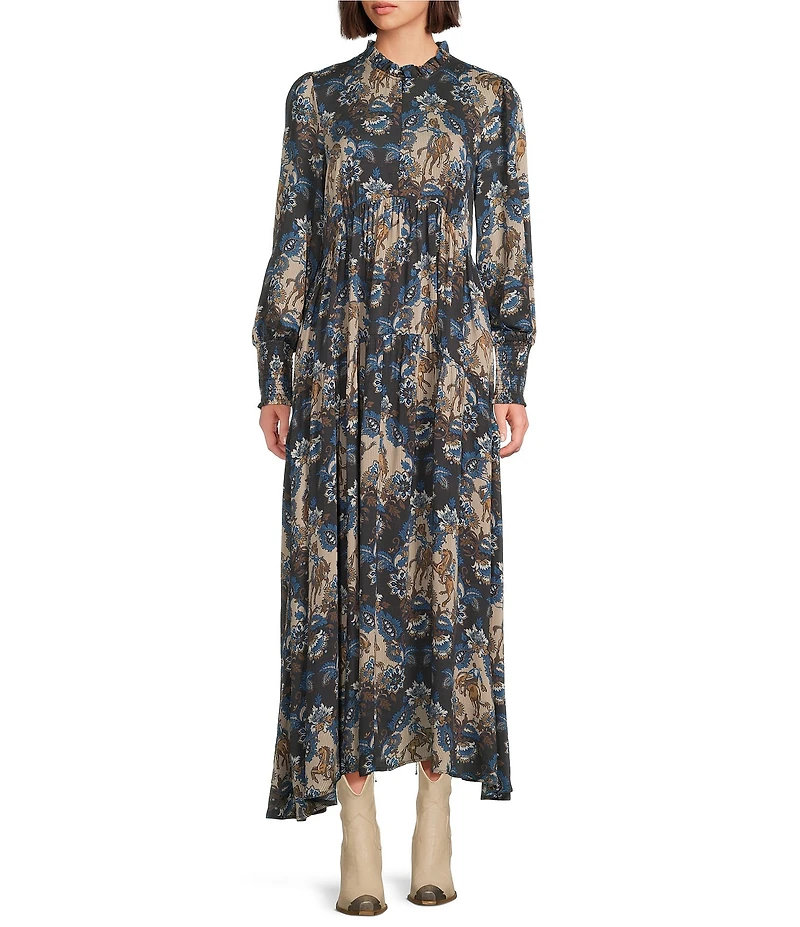 Double D Ranch De Witts Printed Woven Ruffle Collar Long Sleeve Empire Waist A-Line Maxi Dress