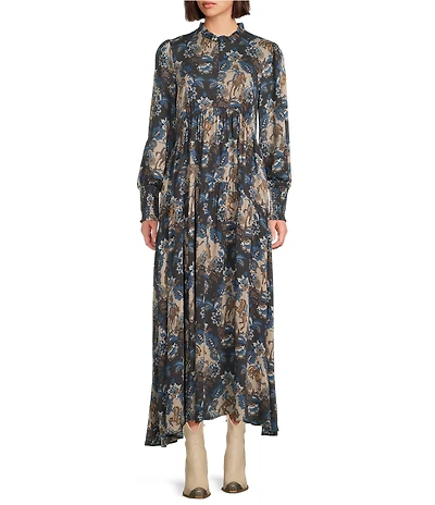 Double D Ranch De Witts Printed Woven Ruffle Collar Long Sleeve Empire Waist A-Line Maxi Dress