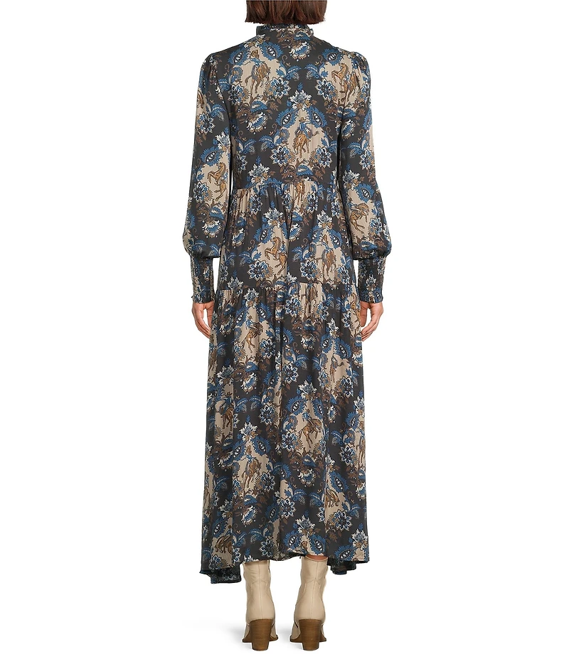 Double D Ranch De Witts Printed Woven Ruffle Collar Long Sleeve Empire Waist A-Line Maxi Dress