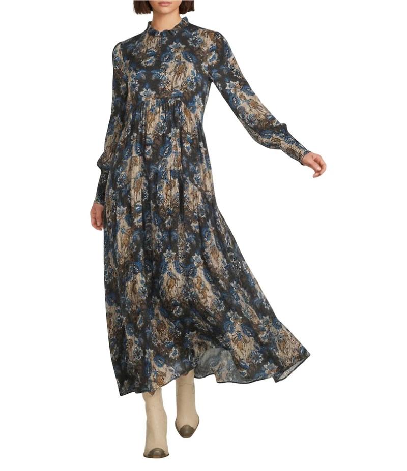 Double D Ranch De Witts Printed Woven Ruffle Collar Long Sleeve Empire Waist A-Line Maxi Dress