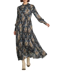 Double D Ranch De Witts Printed Woven Ruffle Collar Long Sleeve Empire Waist A-Line Maxi Dress