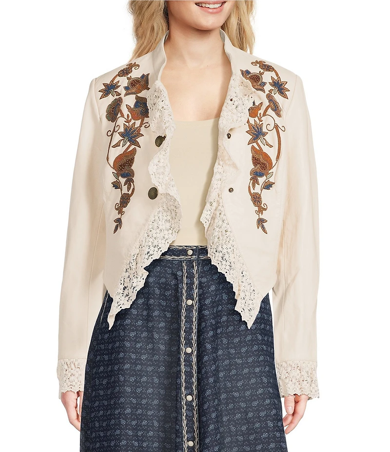 Double D Ranch From The Marriage Chest Leather Floral Embroidery Stand Collar Long Sleeve Jacket