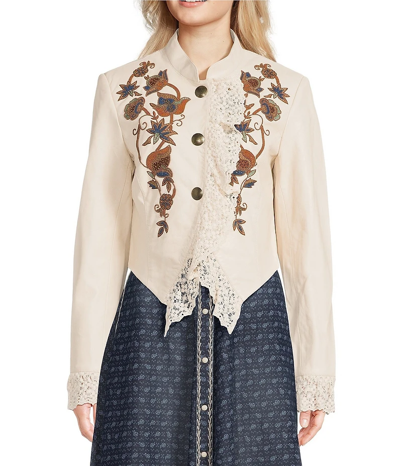 Double D Ranch From The Marriage Chest Leather Floral Embroidery Stand Collar Long Sleeve Jacket