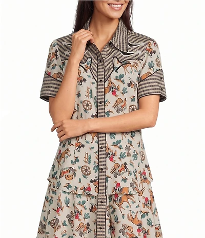 Double D Ranch Hardcore Western Cowboy Graffiti Print Point Collar Short Sleeve Coordinating Top