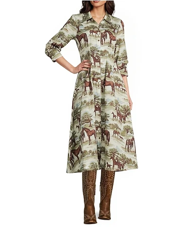 Double D Ranch Horse Culture Print Point Collar 3/4 Sleeve A-Line Midi Dress