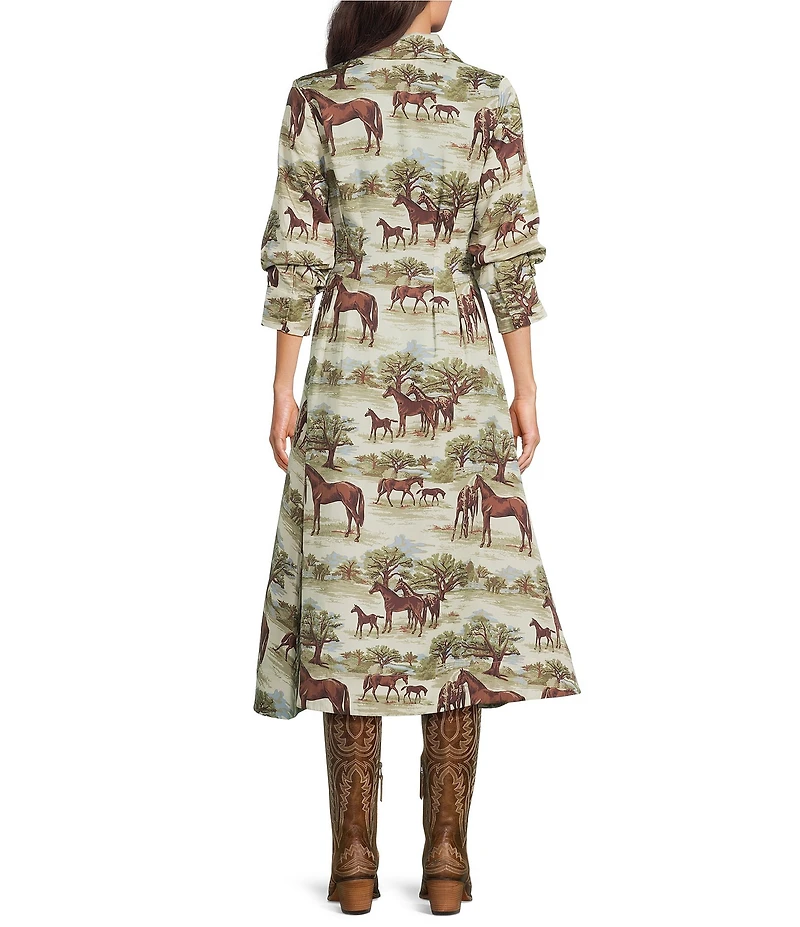 Double D Ranch Horse Culture Print Point Collar 3/4 Sleeve A-Line Midi Dress