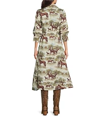 Double D Ranch Horse Culture Print Point Collar 3/4 Sleeve A-Line Midi Dress