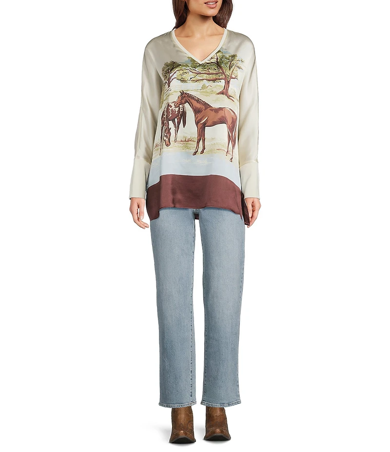 Double D Ranch Horse Sense Silk Printed Scoop Neck Dolman Short Sleeve Top