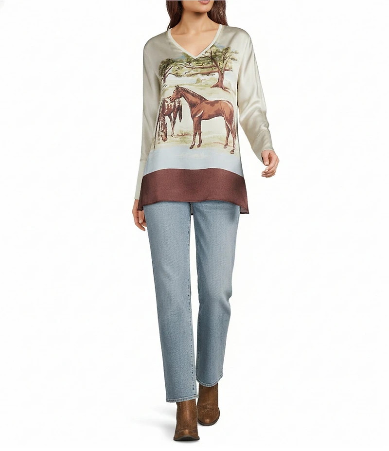 Double D Ranch Horse Sense Silk Printed Scoop Neck Dolman Short Sleeve Top