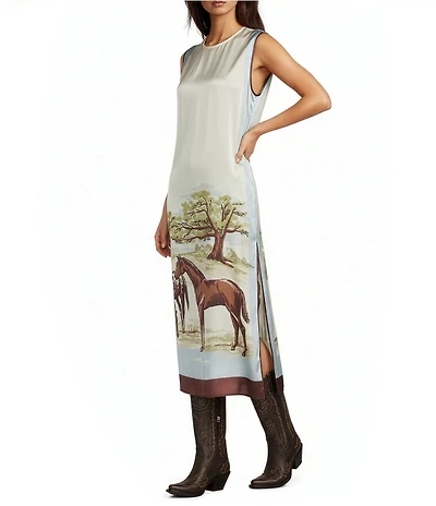 Double D Ranch Horse Sense Silk Printed Scoop Neck Sleeveless A-Line Midi Dress