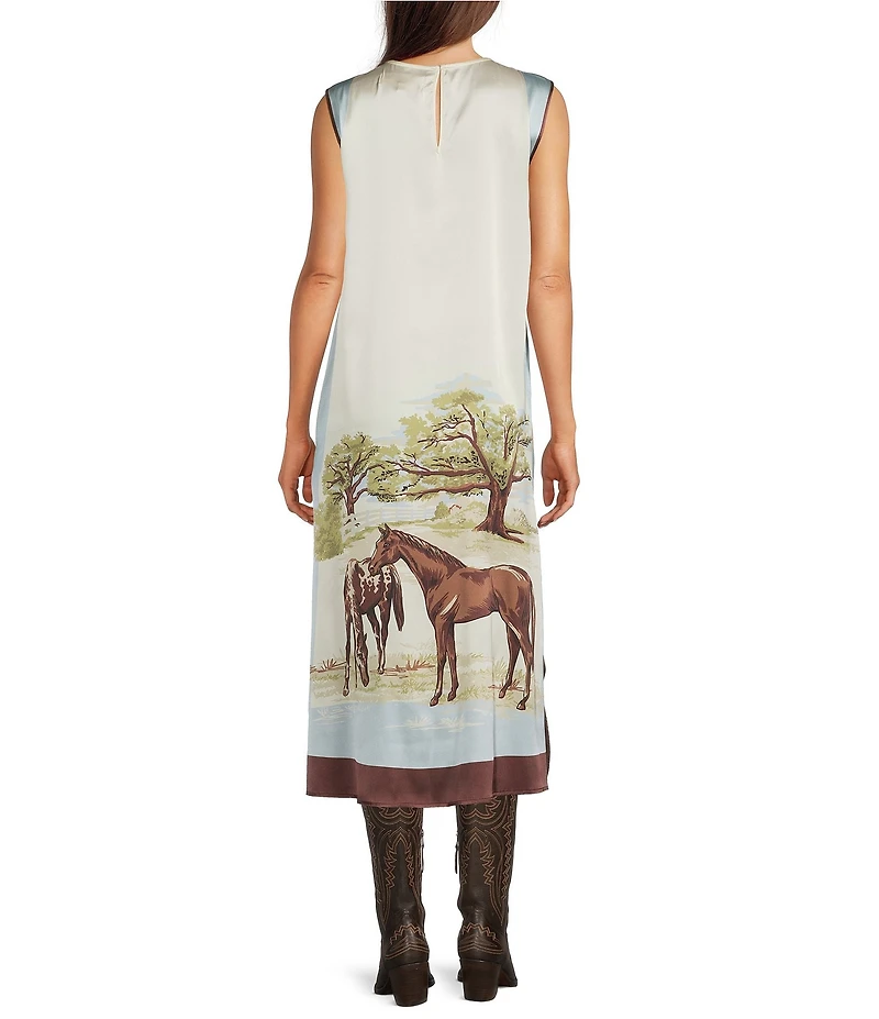 Double D Ranch Horse Sense Silk Printed Scoop Neck Sleeveless A-Line Midi Dress
