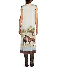 Double D Ranch Horse Sense Silk Printed Scoop Neck Sleeveless A-Line Midi Dress