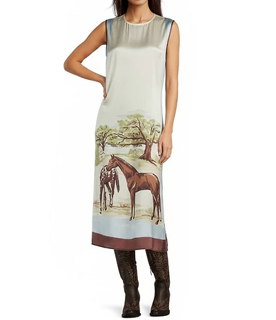 Double D Ranch Horse Sense Silk Printed Scoop Neck Sleeveless A-Line Midi Dress