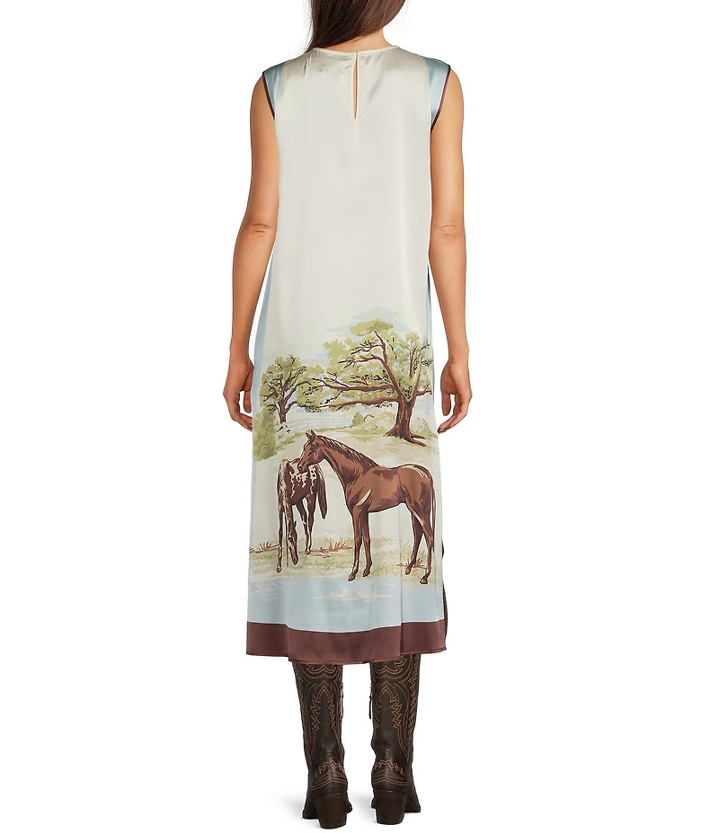 Double D Ranch Horse Sense Silk Printed Scoop Neck Sleeveless A-Line Midi Dress