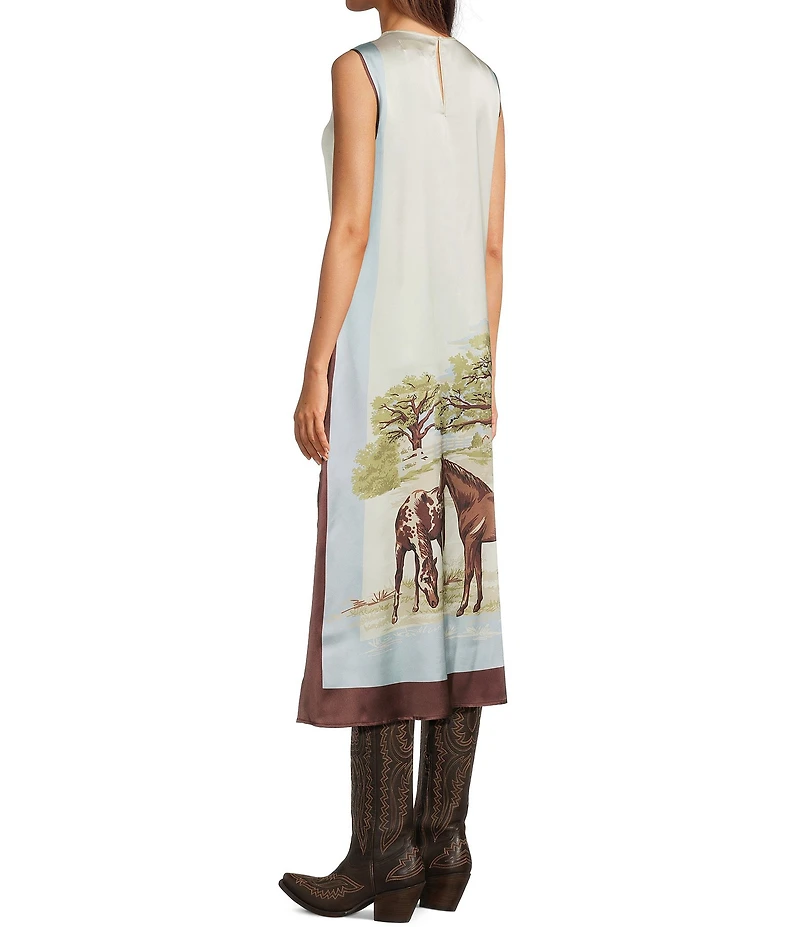 Double D Ranch Horse Sense Silk Printed Scoop Neck Sleeveless A-Line Midi Dress