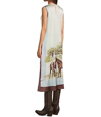Double D Ranch Horse Sense Silk Printed Scoop Neck Sleeveless A-Line Midi Dress
