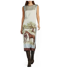 Double D Ranch Horse Sense Silk Printed Scoop Neck Sleeveless A-Line Midi Dress
