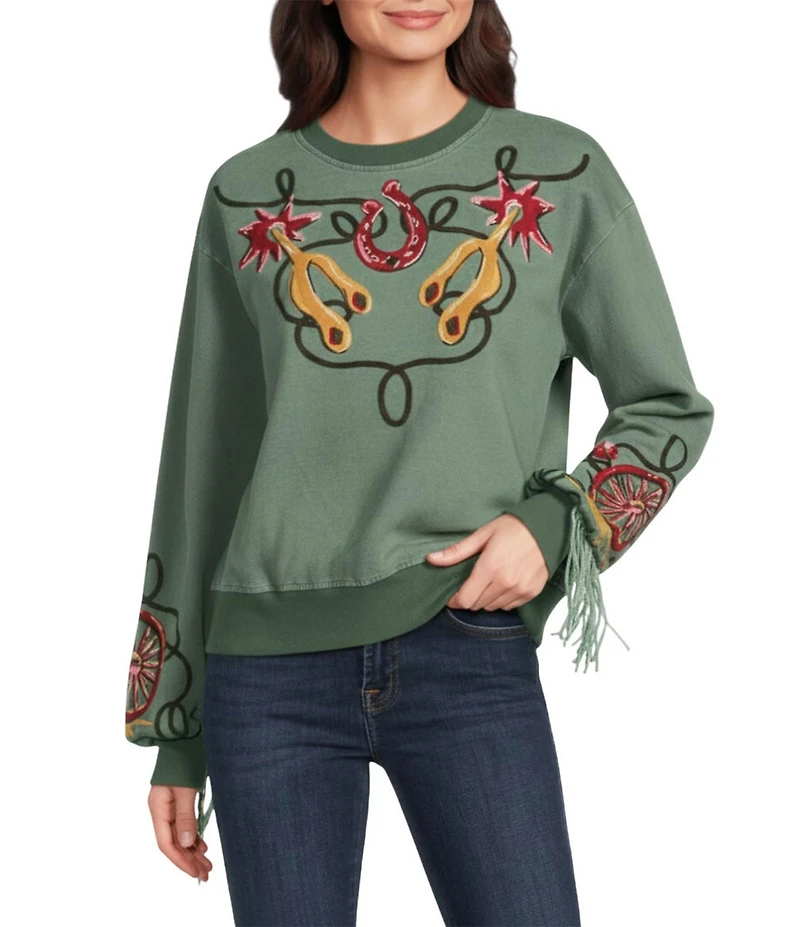 Double D Ranch Knit Crew Neck Long Sleeve Embroidery Fringe Sweatshirt