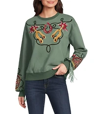 Double D Ranch Knit Crew Neck Long Sleeve Embroidery Fringe Sweatshirt