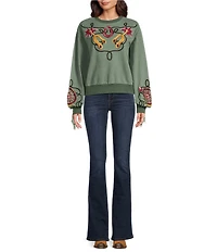 Double D Ranch Knit Crew Neck Long Sleeve Embroidery Fringe Sweatshirt