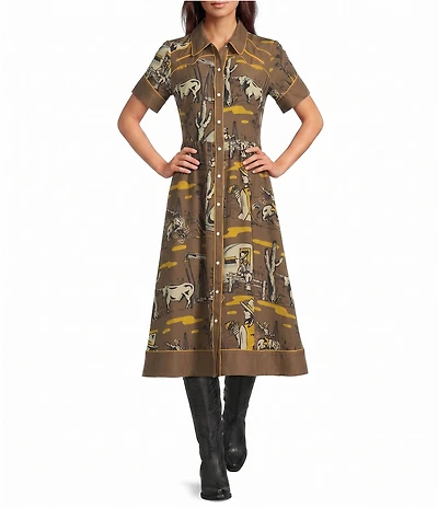 Double D Ranch Oil Camp Linen Blend Button Front Short Sleeve A-Line Midi Dress