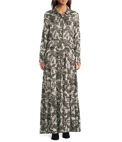 Double D Ranch Toile Print Point Collar Long Sleeve Maxi Dress