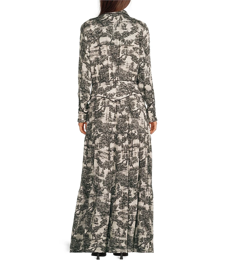 Double D Ranch Toile Print Point Collar Long Sleeve Maxi Dress