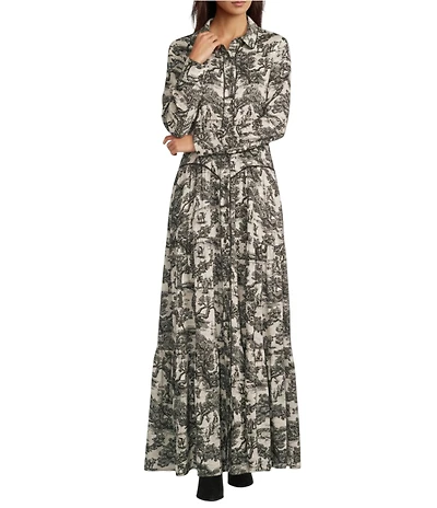 Double D Ranch Toile Print Point Collar Long Sleeve Maxi Dress