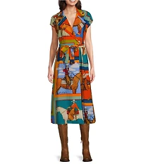 Double D Ranch Women Of The Range Western Printed V-Neck Short Sleeve Wrap Midi Dress