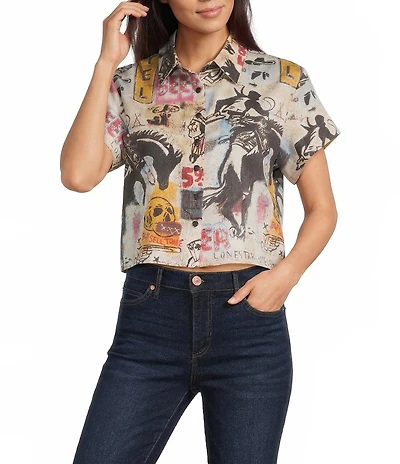 Double D Ranch Woven Cowboy Graffiti Print Collar Short Sleeve Top