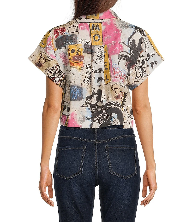 Double D Ranch Woven Cowboy Graffiti Print Collar Short Sleeve Top