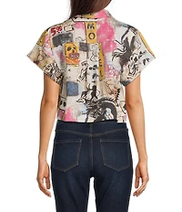 Double D Ranch Woven Cowboy Graffiti Print Collar Short Sleeve Top