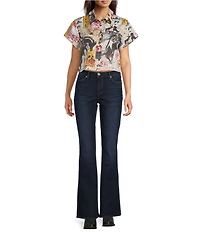 Double D Ranch Woven Cowboy Graffiti Print Collar Short Sleeve Top