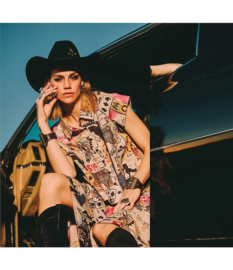 Double D Ranch Woven Cowboy Graffiti Print Collar Short Sleeve Top