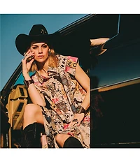 Double D Ranch Woven Cowboy Graffiti Print Collar Short Sleeve Top