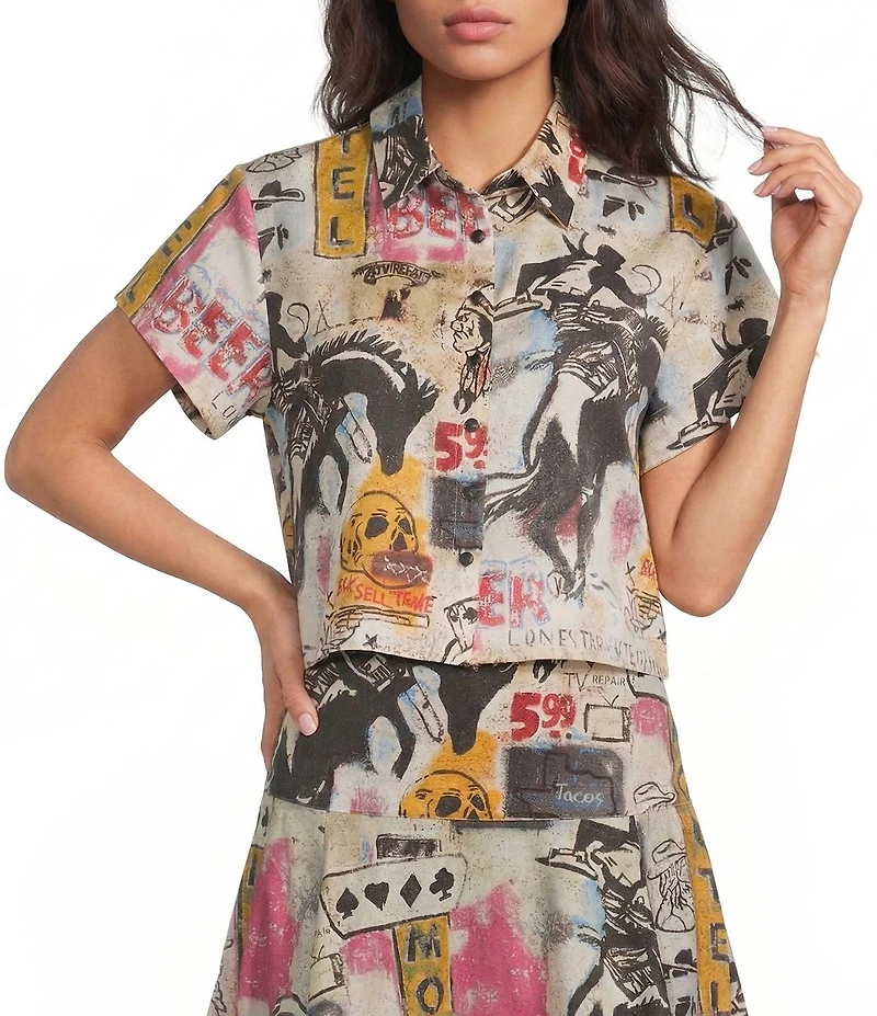 Double D Ranch Woven Cowboy Graffiti Print Collar Short Sleeve Top