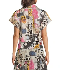 Double D Ranch Woven Cowboy Graffiti Print Collar Short Sleeve Top