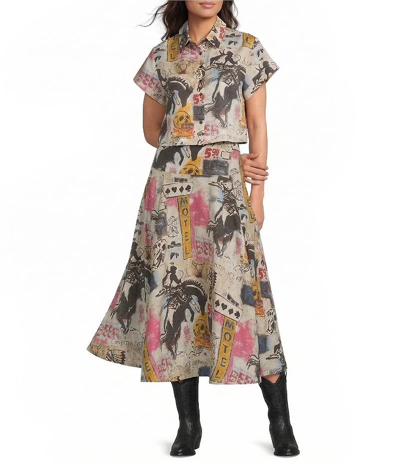 Double D Ranch Woven Cowboy Graffiti Print Collar Short Sleeve Top