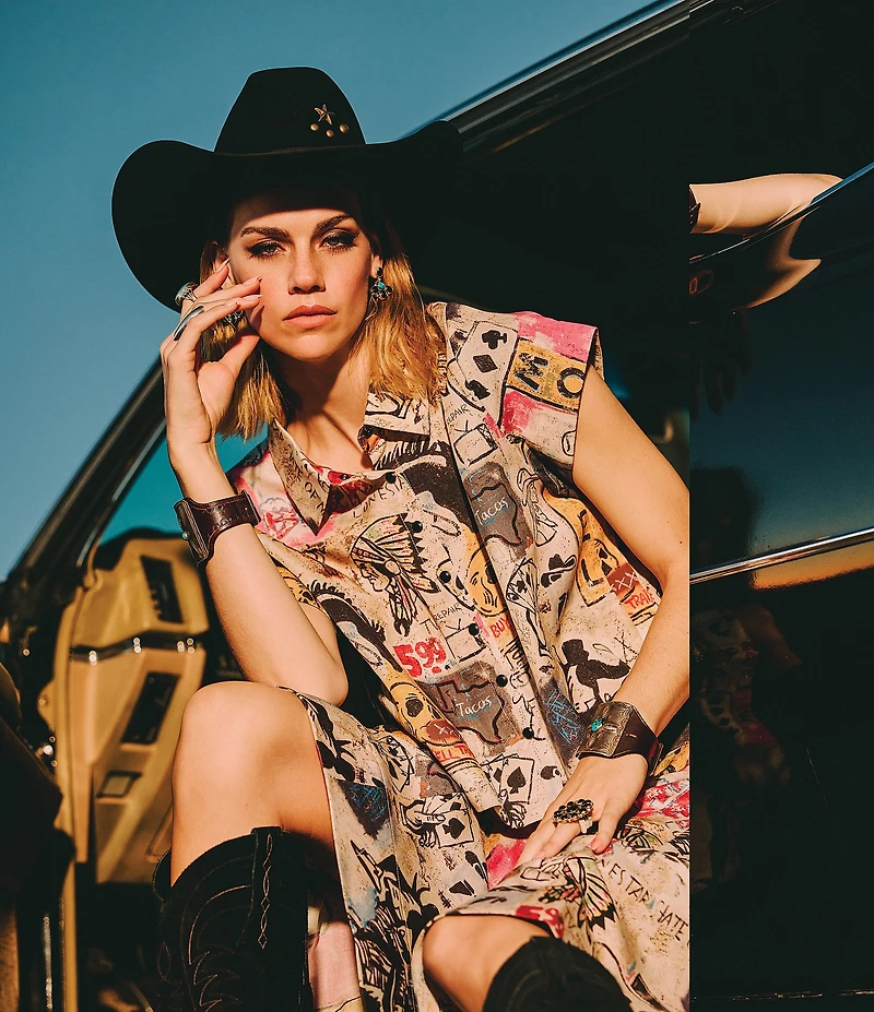 Double D Ranch Woven Cowboy Graffiti Print Collar Short Sleeve Top