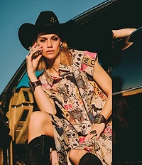 Double D Ranch Woven Cowboy Graffiti Print Collar Short Sleeve Top