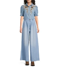 Double D Ranch Woven Little Blues Pony Point Collar Long Sleeve Beaded Embroidered Shirt