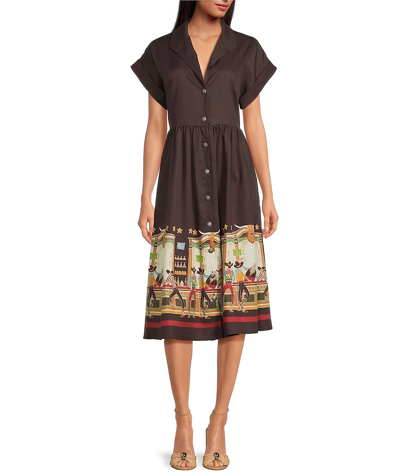 Double D Ranch Wester Bar Room Buddies Linen Point Collar Short Sleeve A-Line Dress