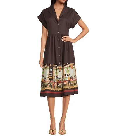 Double D Ranch Wester Bar Room Buddies Linen Point Collar Short Sleeve A-Line Dress