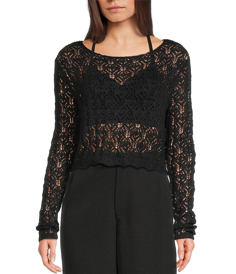 Double Zero Crochet Scoop Neck Long Sleeve Top