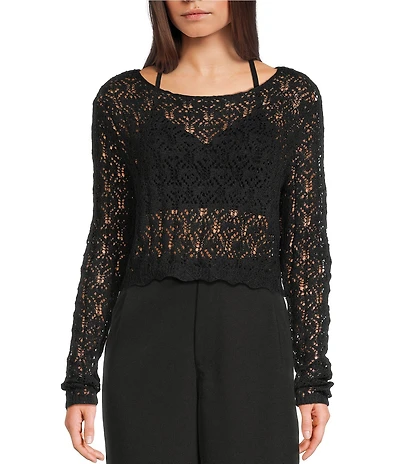 Double Zero Scoop Neck Long Sleeve Crochet Sweater Top