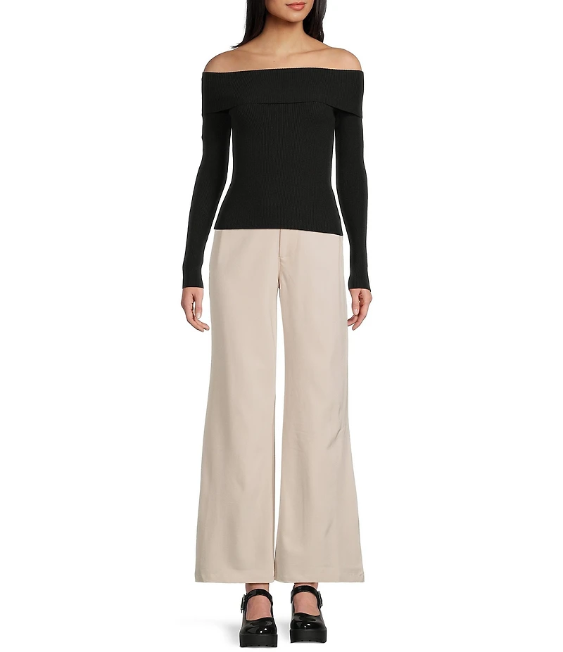 Double Zero Cropped Ribbed Knit Off-The-Shoulder Long Sleeve Top