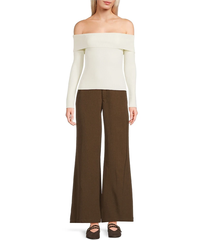 Double Zero Cropped Ribbed Knit Off-The-Shoulder Long Sleeve Top