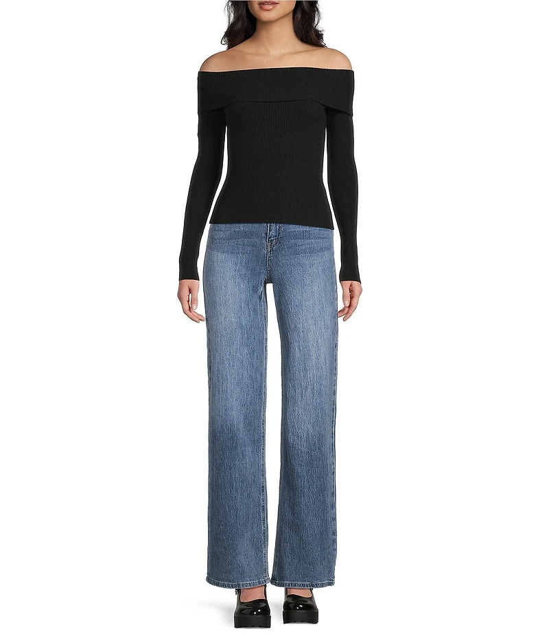 Double Zero Cropped Ribbed Knit Off-The-Shoulder Long Sleeve Top