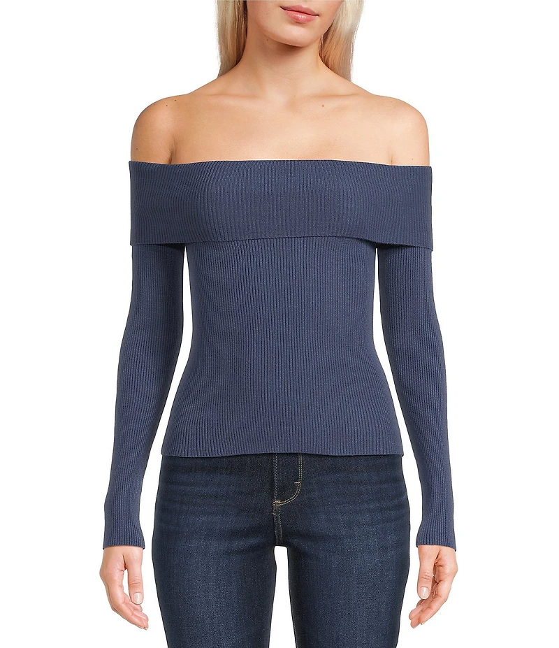 Double Zero Cropped Ribbed Knit Off-The-Shoulder Long Sleeve Top