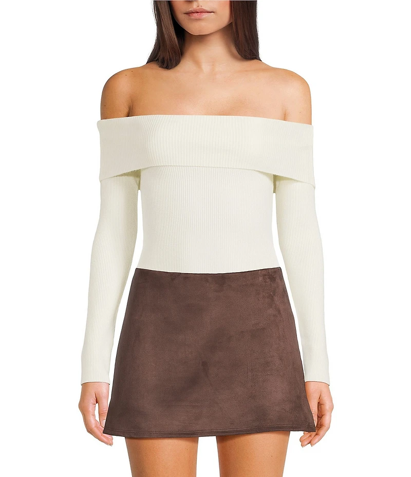 Double Zero Cropped Ribbed Knit Off-The-Shoulder Long Sleeve Top